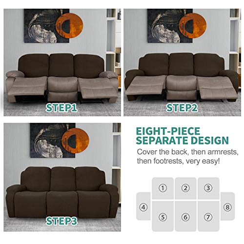 Image of YEMYHOM 8 Pieces Stretch Recliner Sofa Cover Jacquard Reclining Couch Cover with Side Pocket Anti-Slip Fitted 3 Cushion Furniture Slipcovers with Elastic Bottom (Sofa Recliner, Dark Coffee)