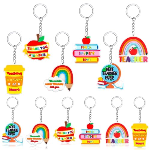 AUGSUN 12 Pcs Teachers Appreciation Keychains Cute Apples Pencil Book Coffee Cup Rainbow Key Rings for Teacher Appreciation Gifts in Bulk