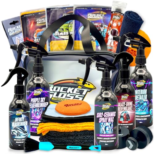 Autopflege Set 17-teilig Rocket Performance Bag Detailing-Tasche schwarz matt Auto Reinigungsset für innen & außen Geschenkset mit Autoduft Bubble Gum