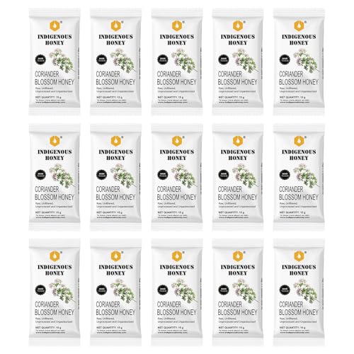 Image of INDIGENOUS HONEY Organic Coriander Honey Natural Raw Pure Unprocessed Added Sugar Free NMR Tested Unpasteurized Unheated 15 Gift Sachets 15g Each Total 225g