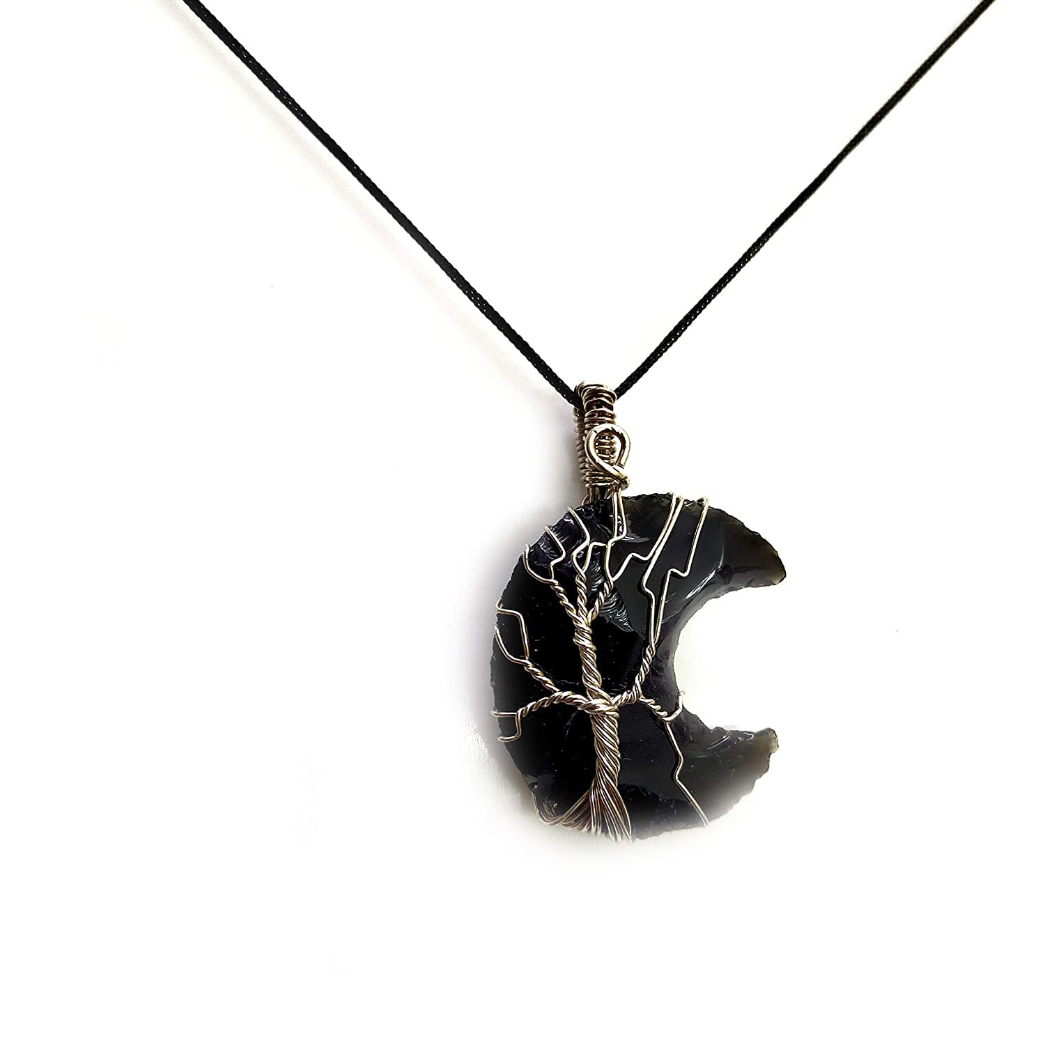 Natural Black Obsidian Moon Shaped Tree Of Life Rough Cut Pendant For Men And Women Reiki Healing