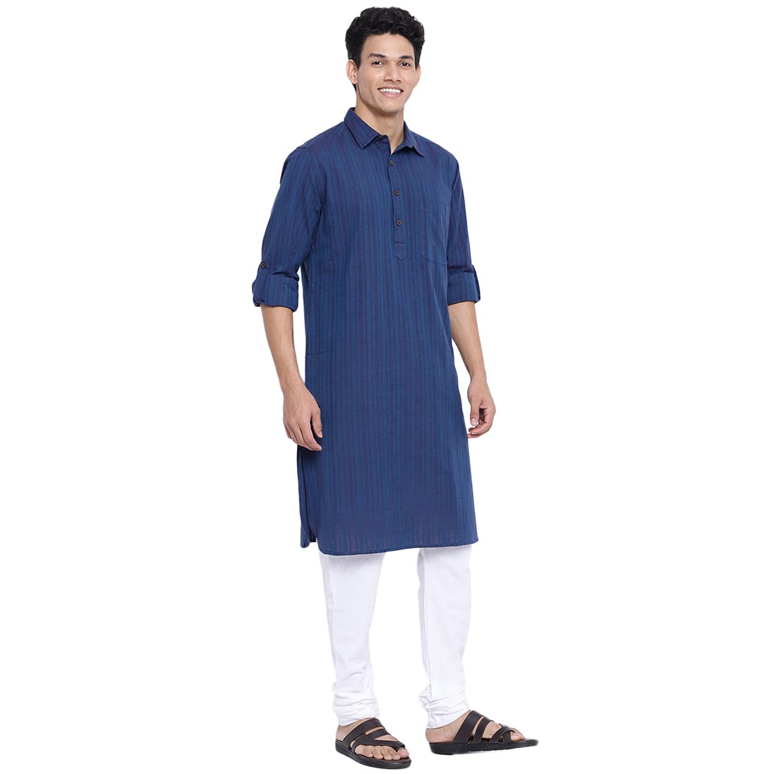 Fabindia Men Cotton Striped Pathani Kurta Navy_Xs