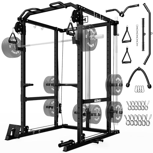 Goimu R1-V4 Power Cage Rack, 2000LB Squat Rack with Cable Crossover System, Multi-Function Weight Cage, Home Gym Workout Machine with More Training Attachments (R1-V4-Power Cage BK)