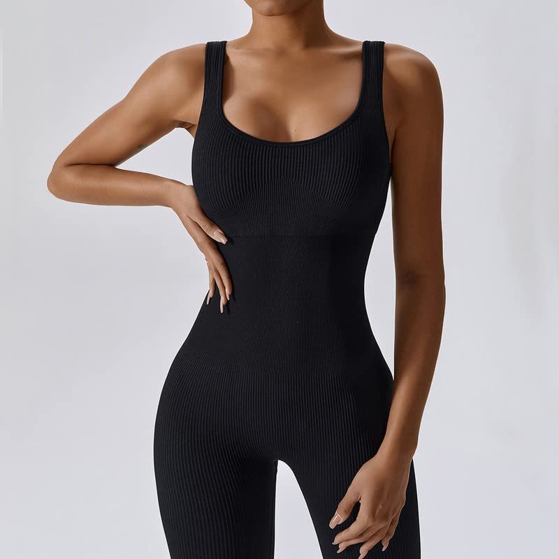 Litthing Tuta Intera Donna Sportiva Aderente Sexy Scollo Quadrato Completo per Yoga Senza Maniche Nero Jumpsuit Palestra Abbigliamento Costine Elastico Tutina Sportivo
