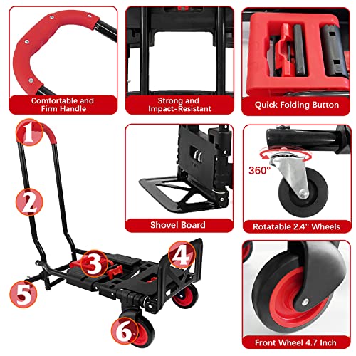 Folding Hand Truck, Portable Dolly Cart with Rubber Wheels and Retractable Handle, 2 in 1 Design 330lbs Capacity Hand Cart Foldable for Transportation/Luggage/Mobile/Travel/Office Use by Chinco Star - Image 4