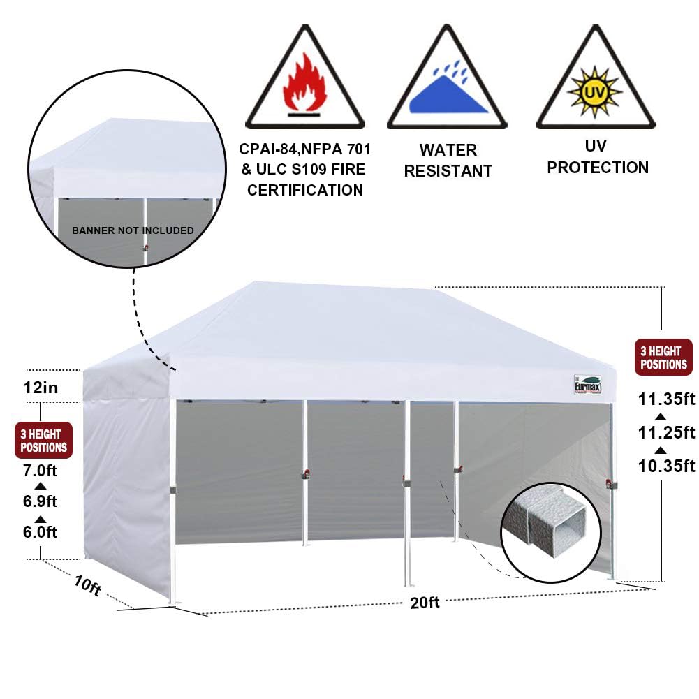 Eurmax USA 10'x20' Pop-up Canopy Tent Commercial Instant Canopies with 4 Removable Zipper End Side Walls and Roller Bag, Bonus 6 SandBags(Black)