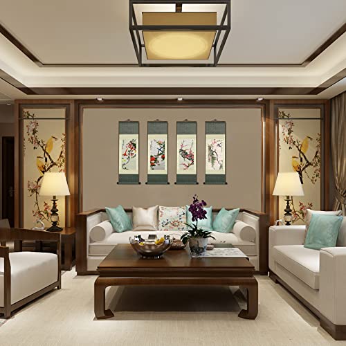 Atfart 4 Pack Asian Wall Decor Beautiful Silk Scroll Painting Birds And Flowers Oriental Decor Chinese Art Wall Scroll Wall Hanging Painting Scroll (39 X 12 In) #TOP2