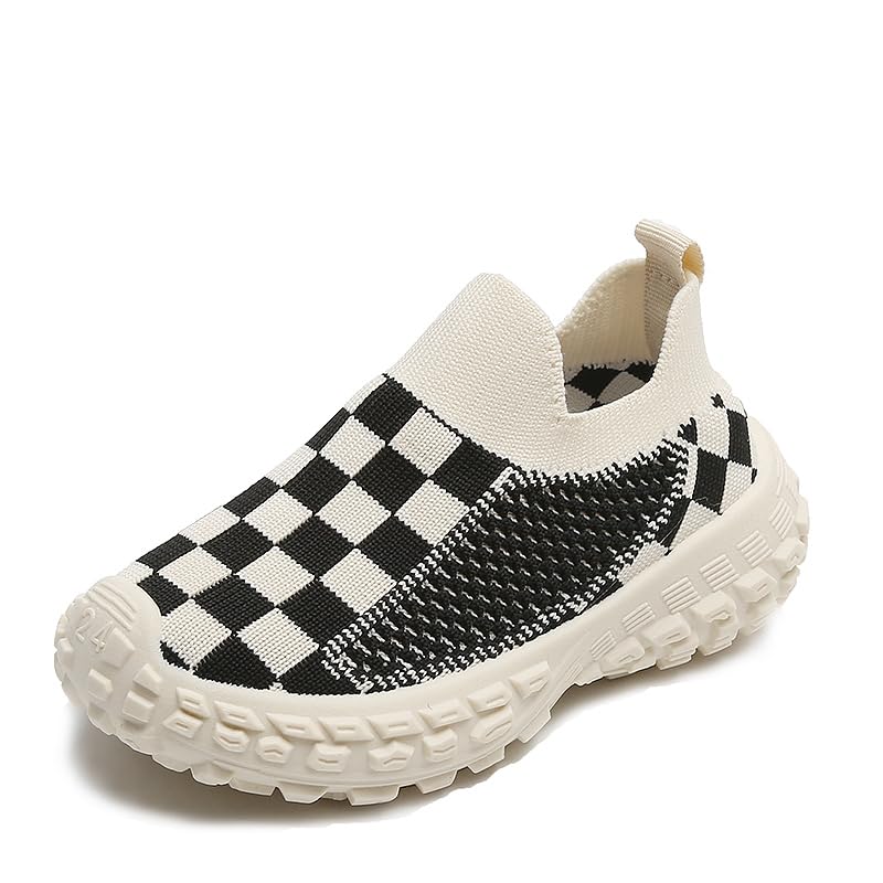 Kids Slip-On Knit Sneakers, Checkered Pattern, Black and White, Breathable Mesh
