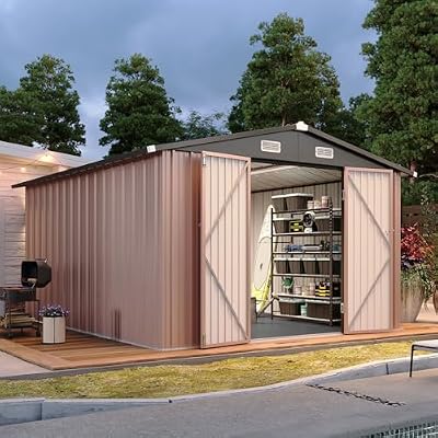 Aoxun 10x12FT Shed with Floor Galvanized Steel Outdoor Storage Shed (Brown)
