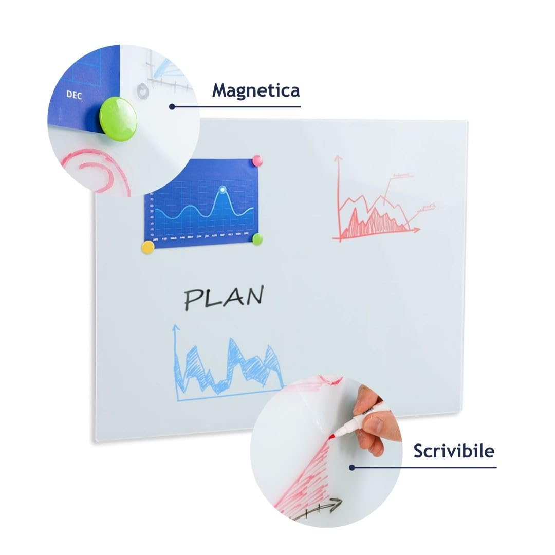 Danieli | Lavagna Magnetica da Parete in Vetro Bianca - Lavagna scrivibile, cancellabile e magnetica, perfetta da appendere in Ufficio - 90x120 centimetri