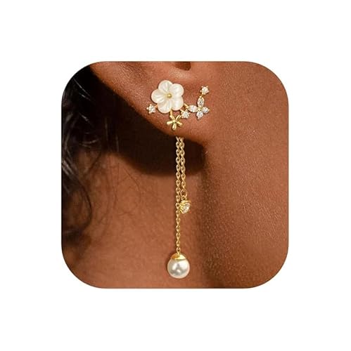 Boucle d'oreille Perle Fleurs Boucles d'oreilles Pendantes Femme Strass Or