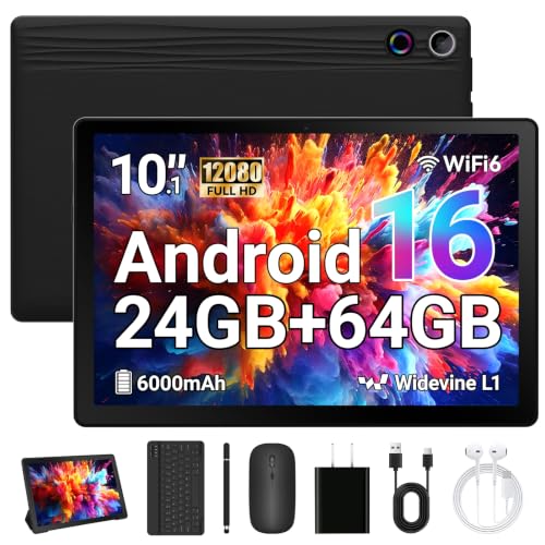 MUISOO Tablets 10 inch Tablet Android 16 24GB RAM 64GB ROM (1TB TF Expand) 5G WiFi 6 1280 x 800 HD 5MP+8MP Dual Camere Android Tablet with Keyboard Stylus Mouse Earphone Case (Black)