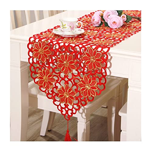 Chemin de table en coton rouge 40x196 cm à broderie florale WXKAGF
