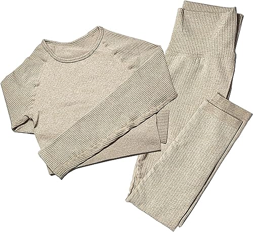 MAYROUND Nahtlose Frauen Yoga Sets 2 Stück Gerippt | Langarm Top und Hohe Taille Leggings Gym Kleidung Set | Damen Sportswear Set