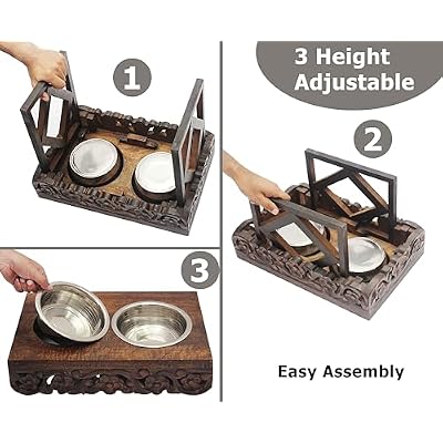Elevated Pet Feeder for Dogs and Cats - The Bali Carved Wood Pet Feeding Stand with Two Stainless Steel Bowls - Three Heights Adjustable Raised Dog Bowl - Food Water Pet Feeding Station - IRONGATE