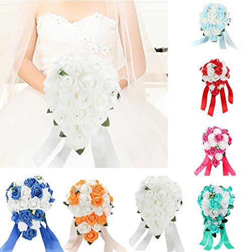 Vlovelife Wedding Bouquet Mix White & Teal Blue Pe Rose Flowers Bridal Bridesmaid Bouquets Artificial Flower Satin Ribbon Decor Handmade Posy Pearl Rhinestone Plant Leaf Vine Decor #TOP6