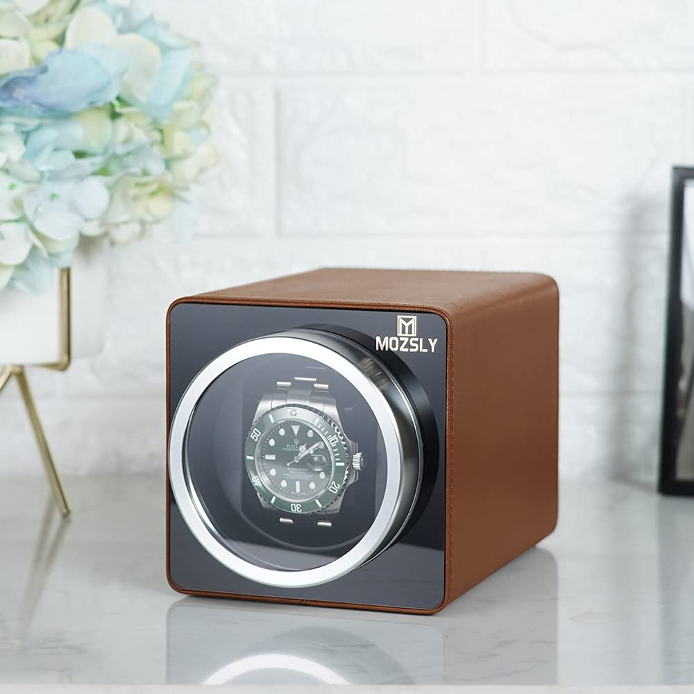 MOZSLY Remontoir pour Montres automatiques avec Moteur Silencieux 12 Réglage du Mode de Rotation Cuir Noir