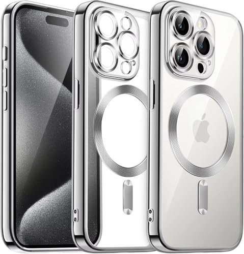 Image of TPU Designed for iPhone 15 Pro Max Luxury Electroplating Case [Magnetic MagSafe] [Integrated Lens Protection] Back Cover Case for iPhone 15 Pro Max (Silver)