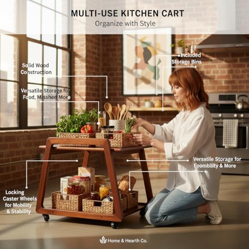 Image of Multipurpose Wood Trolley Storage Organiser and Kitchen Supplies Fruits, Vegetables, Onions, Cutlery, and a Trapezoid-Shaped Kitchen Storage Rack with 2 Layers Walnut Color