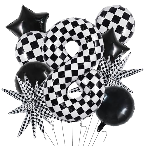Image of TONIFUL 8th Birthday Balloons Kit 40 Inch Checkered Number 8 Foil Balloon