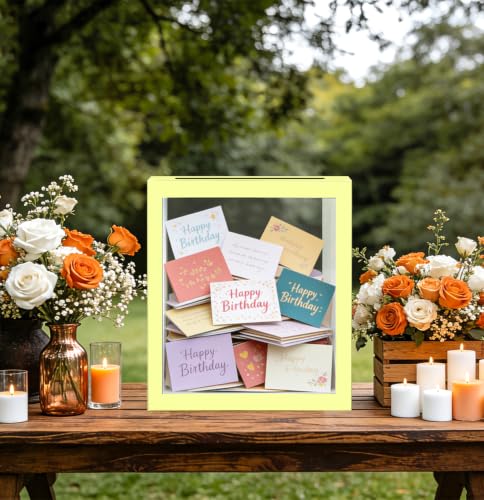 Image of SietDESEO Yellow Card Box for Party with Clear Window Large Gift Card Box Holder for Wedding Reception Birthday Graduation Baby Shower Raffle Ticket Box