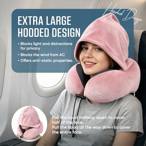 Image of SkytraxComf Travel Neck Pillow with Hood for Privacy on Long Flights | Memory Foam | Airplane Sleep | Safety-Tested Materials | Extra Large Hood | Chin Support | Earplugs | Washable Cover