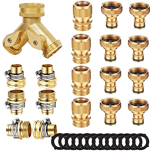 AINEED Brass Hose Quick Connector, Garden Hose Solid Brass, Hose Repair Kit, 3/4 Inch Brass Hose Repair with Clamps Male and Female