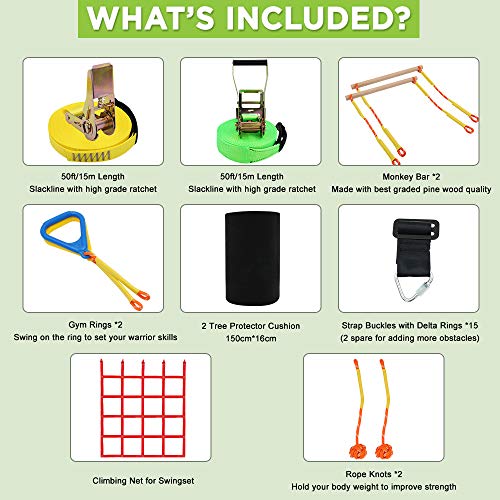 X XBEN Obstacle Course Kids 50' Slackline Kit, Ninja Training Equipment for Adult, Come with Jungle Gym Monkey Bars, 78.7