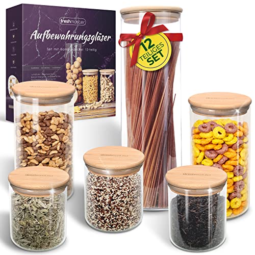 freshmaster Premium Vorratsdosen Glas mit Bambusdeckel I Vorratsgläser mit Deckel für luftdichte Aufbewahrung I Vorteils Gläser Set (12 teilig) Cover