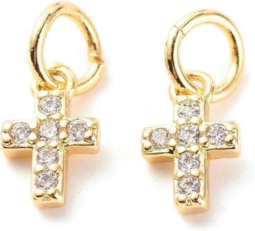 Miniatura 9 de KitBeads 10 dijes de cruz de circonita cúbica de latón micro pavimenta de crucifijo chapado en oro de 18 quilates para hacer joyas, pulseras y