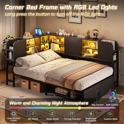 Image of Twin Corner Bed Frame with 2-Tier Bookcase Storage and LED Lights, Adjustable Shelves Corner Bed with Storage Drawers and Charging Station, Twin Daybed for Living Room, Guest Room & Bedroom, Black