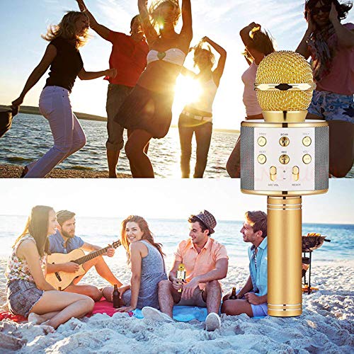 OUYAWEI WS-858-1 Wireless Bluetooth Karaoke Microphone Stereo Mic KTV USB Speaker Player Rose Gold