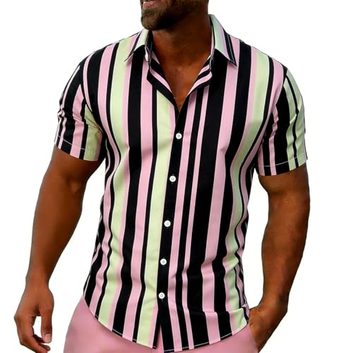 Generisch Camisa de rayas coloridas para hombre, ligera, transpirable, camisa informal con botones, camisa de manga corta, elegante camisa de negocios, corte regular, blusa de rayas, Rosa., L