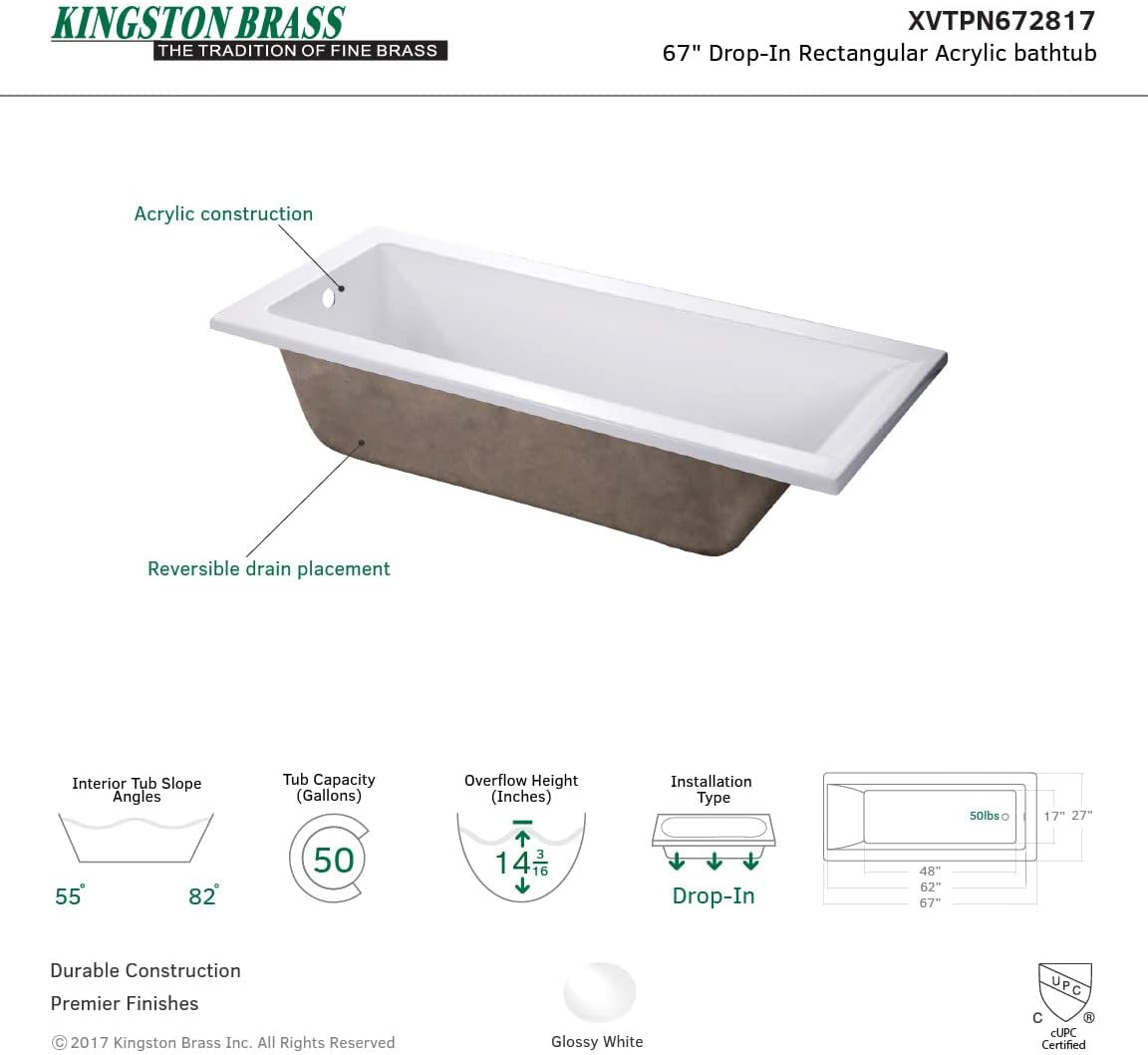 Kingston Brass XVTPN672817 Drop In Acrylic Tub with Reversible Drain, 66-3/4" x 27-9/16" x 17-11/16", White