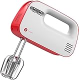 Vremi 3-Speed Compact Hand Mixer with Clever Built-In Beater Storage - Handheld Egg Beater with Stainless Steel Blades - Heavy Duty Mini Small Kitchen Mixing Machine - Red and White