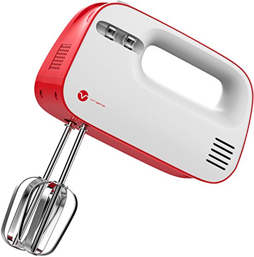 Vremi Electric Hand Mixer 3 Speed with Built-in Storage Case - 150 Watt Power Egg Beater Handheld Kitchen Mixer Stainless Steel Beaters Blades - Electronic Compact Mini Small Lightweight - Red White