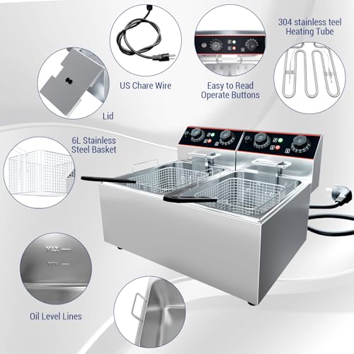 GarveeHome Commercial Deep Fryer with Basket, 8.4 QT/8 L Stainless Steel Electric Countertop Fryer with Double Tanks and Temperature Control for Restaurant and Home Use,1800 W+1800 W