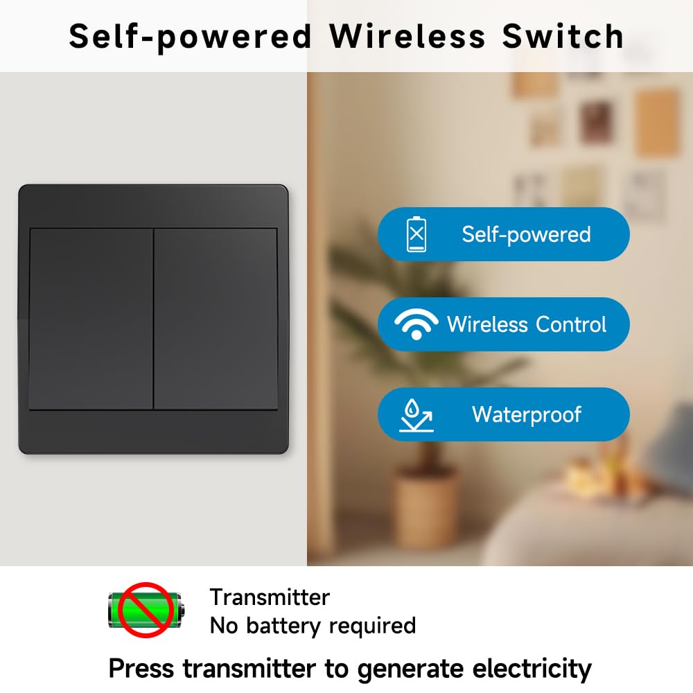 kabelloser kinetischer Schalter schwarz RF kinetische kabellose Schalter mit einfacher und doppelter Steuerung ohne Batterie Funkfernbedienung kabelloser Schalter (Schwarz 2Gang 1V2 EU)