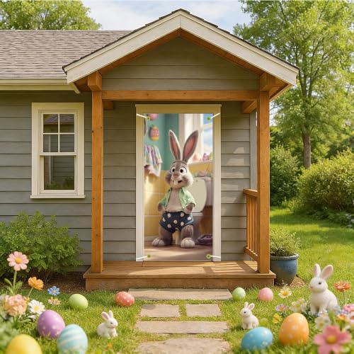 Image of Easter Door Cover Funny Bunny Bathroom Door Banner Happy Easter Door Covers for Front Door Spring Easter Door Decorations 35x71 Inch