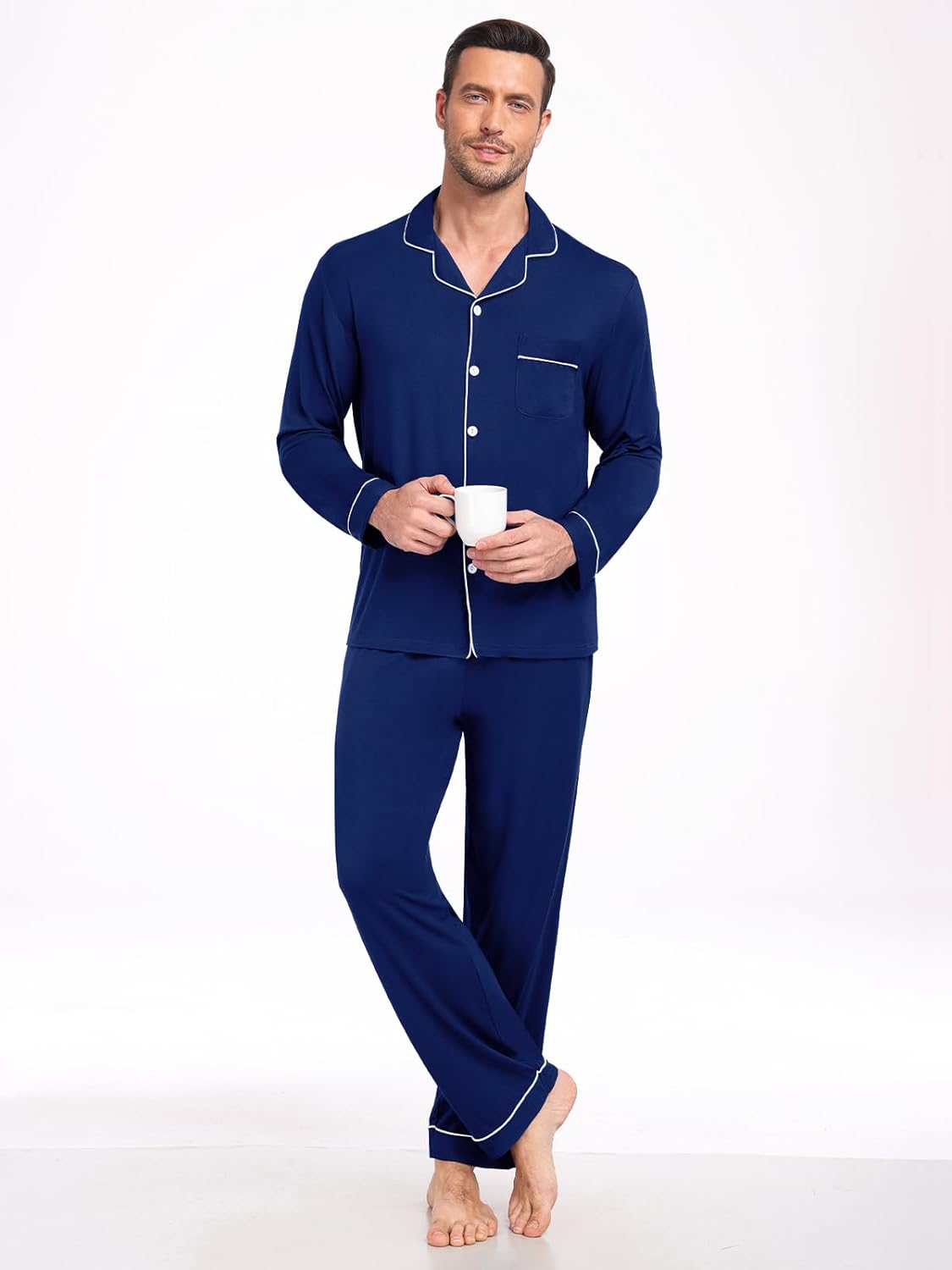 Men Modal Pajama Set Long Sleeve Pjs Button Down Sleepwear Soft Comfy Loungewear Sets 2 Piece Nightwear S-3XL - Image 2