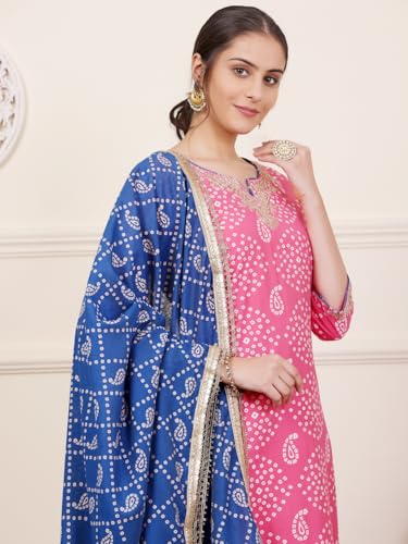 Image of SAVI Women's Chanderi Silk Bandhani Printed Kurta Set with Pure Cotton Bottom & Dupatta | Ethnic Straight Kurti Suit Set for Festive & Casual Wear