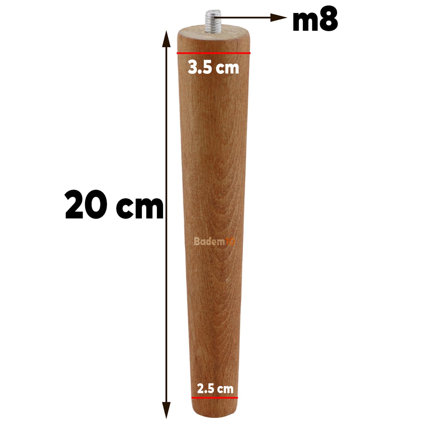 Ahşap Ayak Masa Sehpa Tabure Puf Ünite Mobilya Ayağı M8 Civata 20 cm Ayak+Bağlantı Aparatı 8'li SET