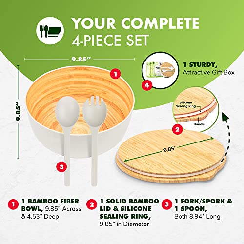 Bamboo Fiber Salad Bowl With Servers - 9.8 Inches Large Mixing Bowl With Lid & 2 Serving Utensils Has A 100% Bamboo Lid With Handle, Silicone Seal For Stay-Fresh Storage & Insets For Spoon & Spork #TOP1