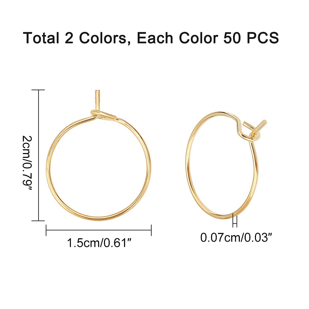 UNICRAFTALE Hoepeloorbellen van 15,5 mm, ca. 100 stuks, 2 kleuren, wijnglasmarkers, roestvrijstalen oorringen voor dames, zelf oorbellen maken, goud en roestvrijstalen kleur