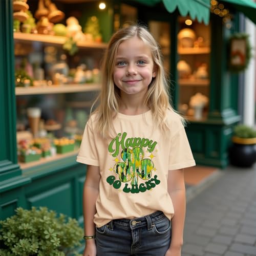 Image of MODNTOGA Kids Girls St Patricks Day Shamrock Graphic T-Shirt Happy Go Lucky Print Shirt Green Clover Short Sleeve Tee Tops (Beige, 8-9 Years)