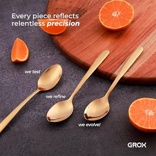 Image of GROX Curve Medium Spoon - Set of 6 | Gold | 17 cm | 304 Stainless Steel 18 /8 | Elegant Dining Spoon