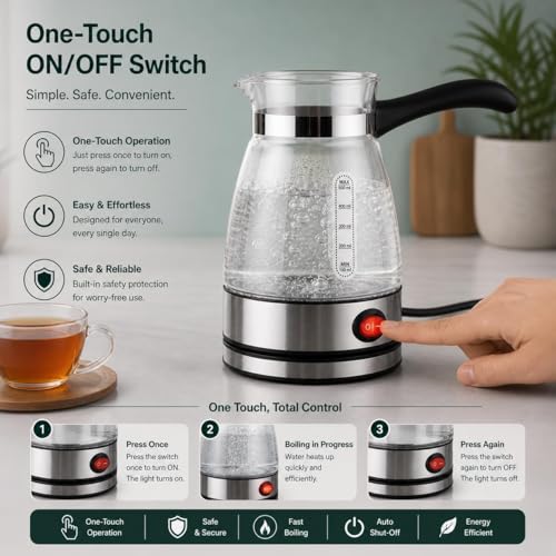 Image of Electric Turkish Coffee Maker Pot 500ML, Borosilicate Glass Coffee Warmer with Heat Resistant Handle, Fast Heating Milk Warmer & Tea Boiler for Home Office Travel Electric Kettle (Glass)