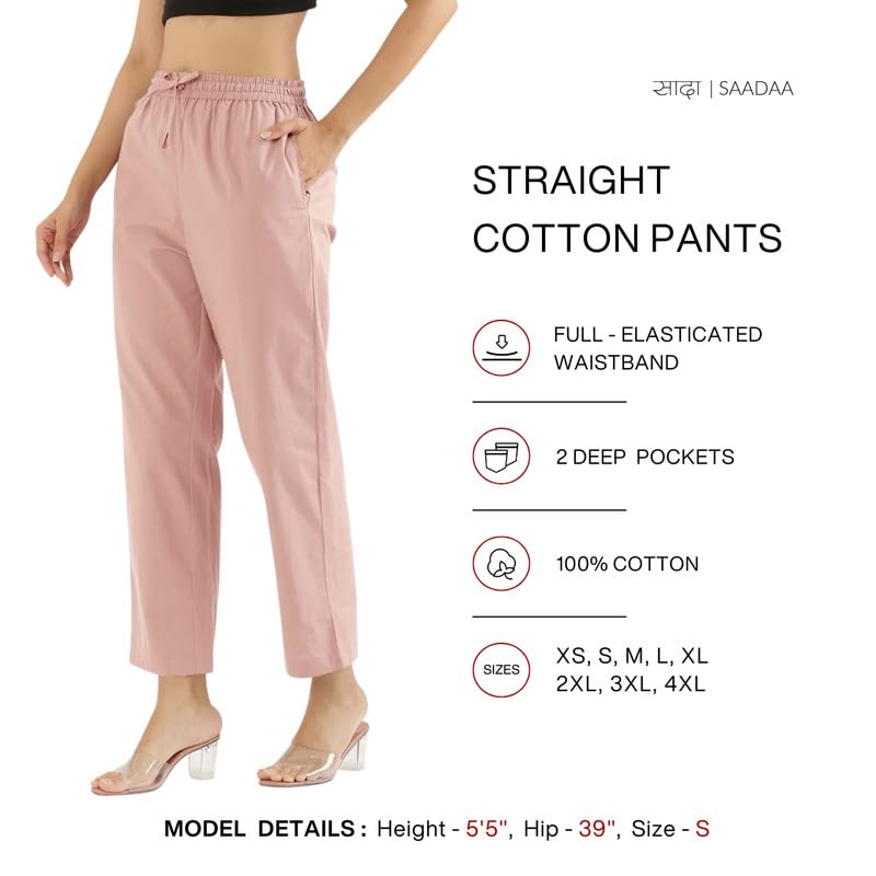 Image of SAADAA Cotton Straight Pants for Women | Breathable Everyday Wear Trousers | Drawstring, Deep Pockets & Elastic Waistband | Casual & Comfortable Fit
