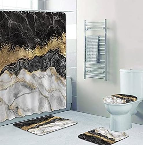 dodouna Schwarz-Gold-Marmor-Mosaik Mit Goldenen Badezimmer-Duschvorhängen Minimalistische Künstlerische Malerei Stein Badematten Teppiche Für Die Toilette 180x180cm Cover