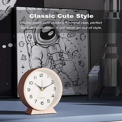 Image of AYRELY 4.5 inch Analog Alarm Clock,Small Retro Desk Clock Battery Operated,Silent Metal Table Clock with Light for Living Room Decor,Bedroom,Bedside,Shelf(Light Pink)